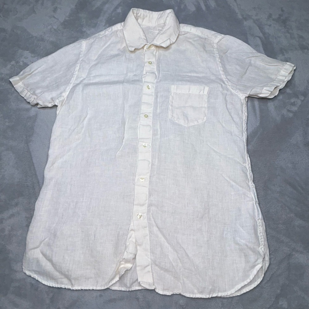 120% Lino Linen Shirt Mens Medium Cream Off White Short Sleeve Button Up